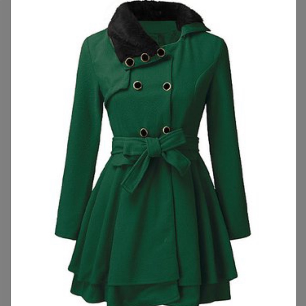 Deep Green Faux Fur Trench Coat Winter Jacket Camisa Size Large